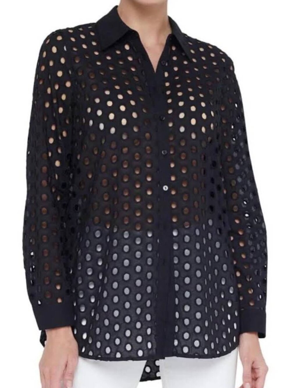 L'AGENCE Lindy Black Eyelet Embroidered Cotton Button-Up Blouse